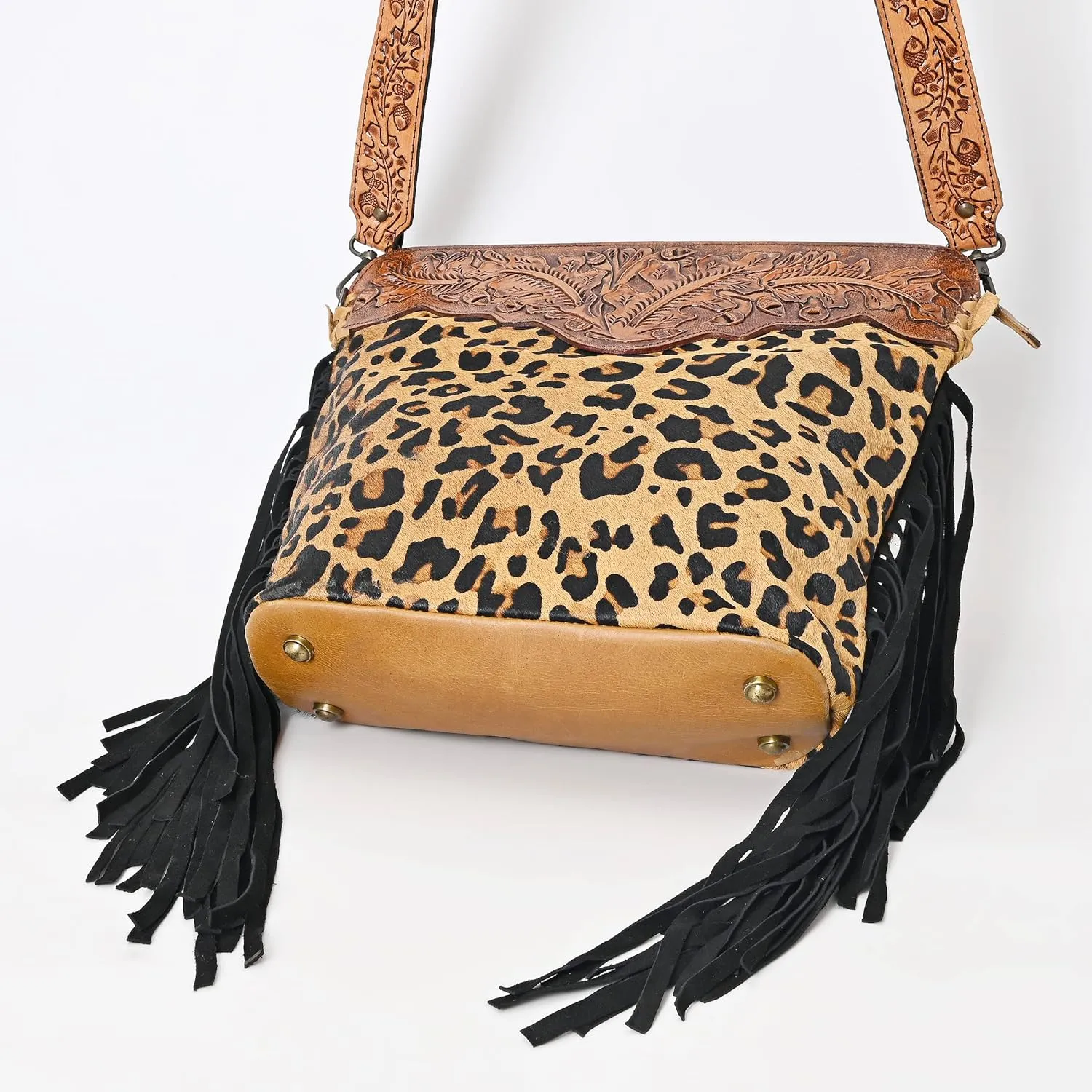 Women’s Cowhide Hairon Leather Crossbody Shoulder Bag with Strap Messenger Style Western Fringe Leather Sling Bag