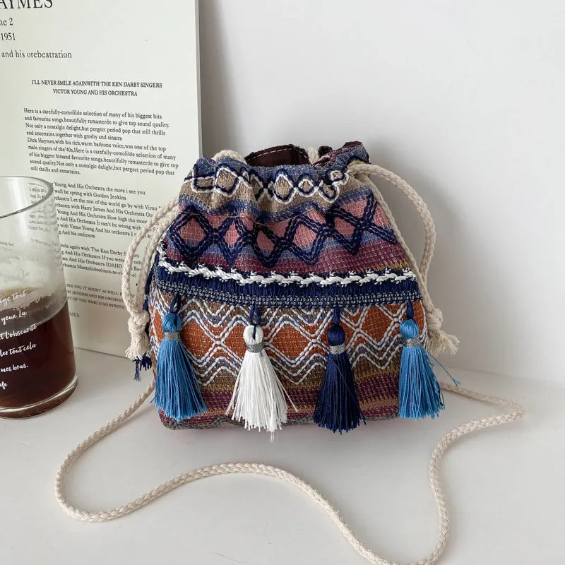 Women's Embroidery Striped Tassel Drawstring Yunnan Vintage Bags