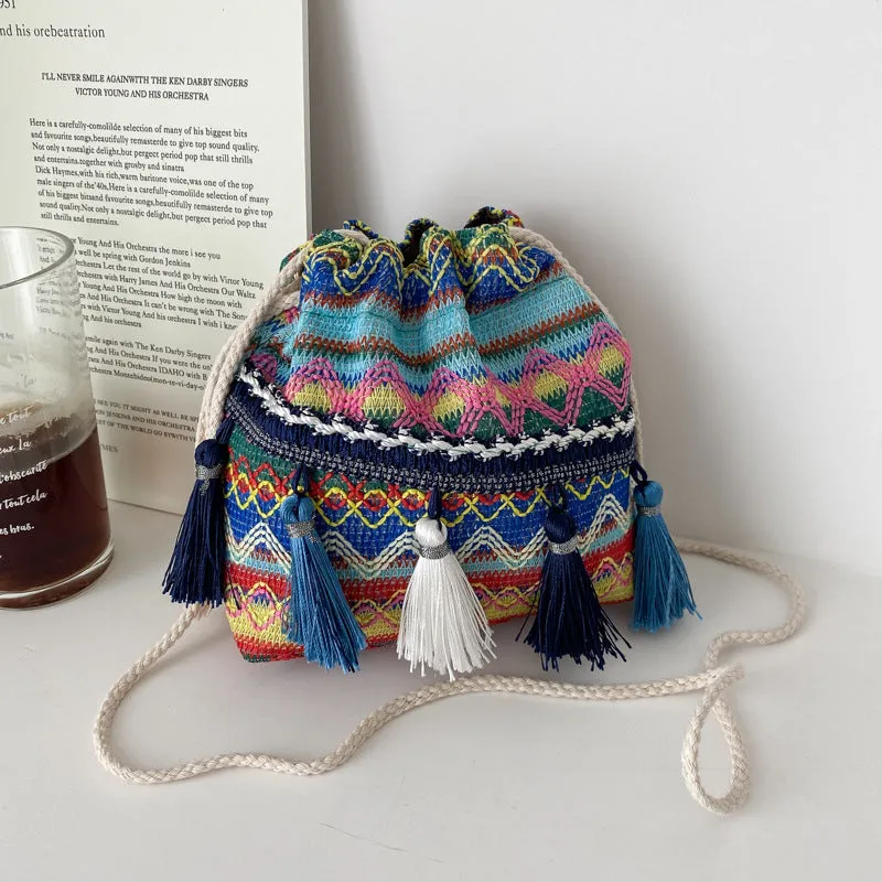 Women's Embroidery Striped Tassel Drawstring Yunnan Vintage Bags