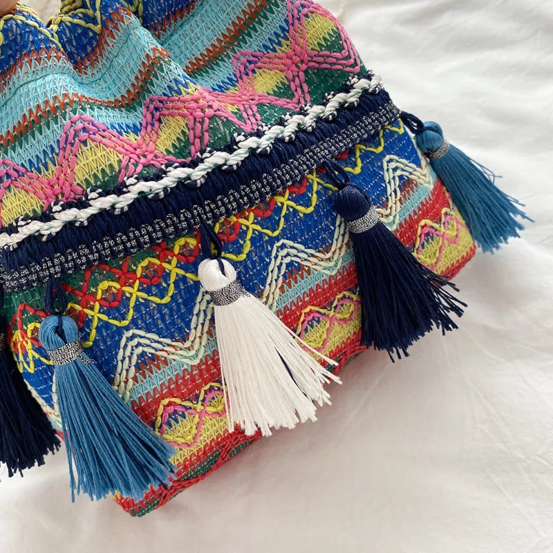 Women's Embroidery Striped Tassel Drawstring Yunnan Vintage Bags