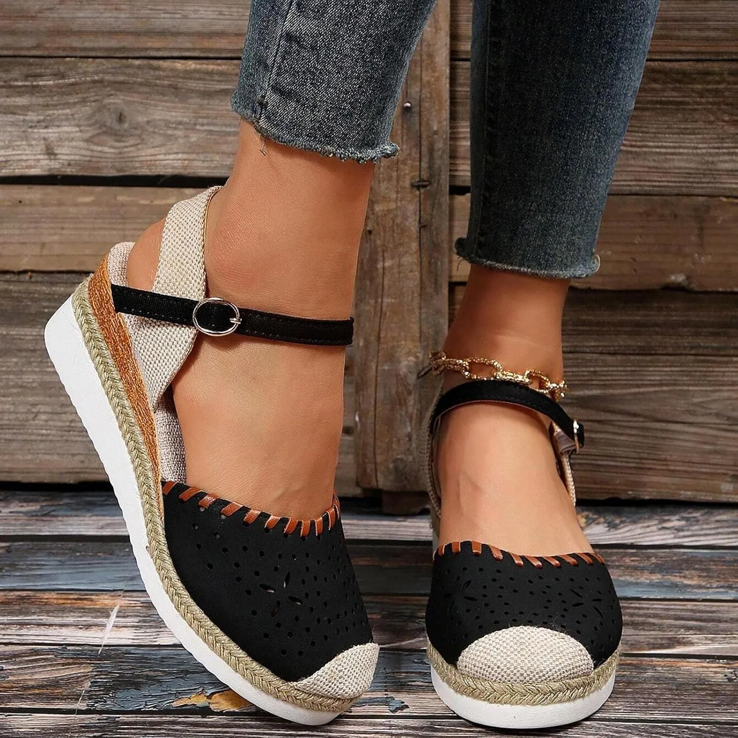 Womens Espadrille Wedge Sandals Close Toe Platform Ankle Strap Slingback Summer Dress Shoes Close Toe Dressy Comfortable