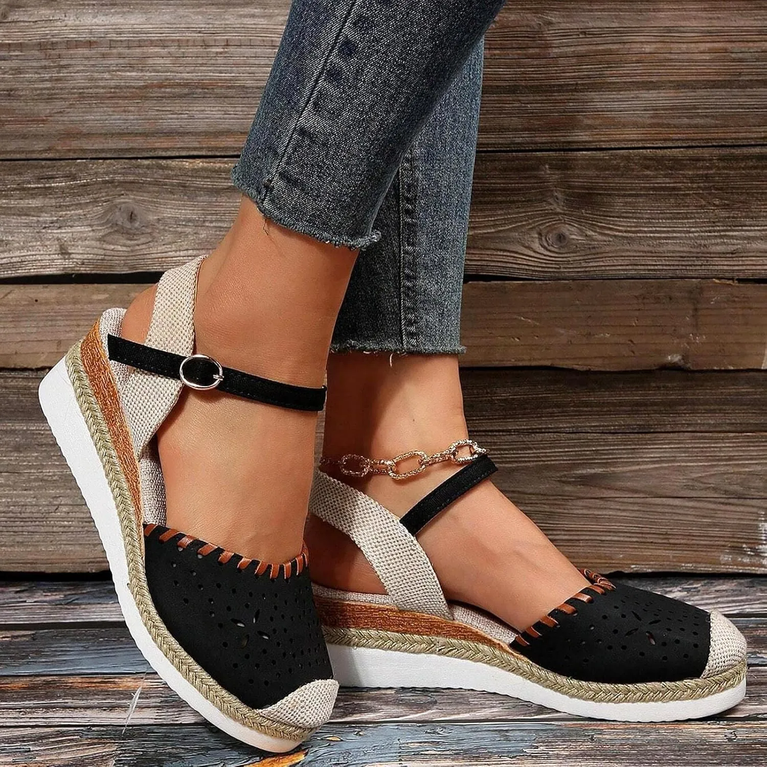 Womens Espadrille Wedge Sandals Close Toe Platform Ankle Strap Slingback Summer Dress Shoes Close Toe Dressy Comfortable
