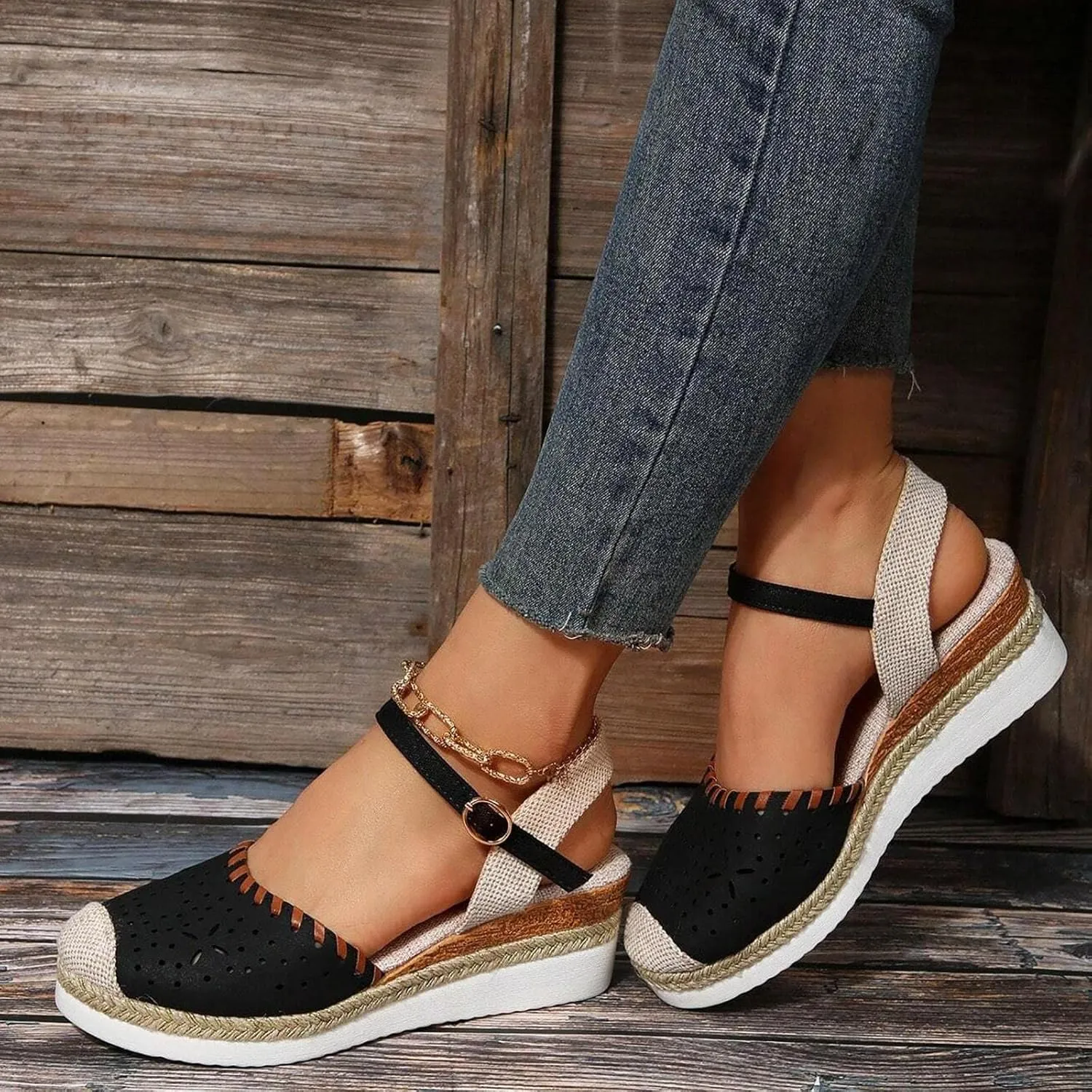 Womens Espadrille Wedge Sandals Close Toe Platform Ankle Strap Slingback Summer Dress Shoes Close Toe Dressy Comfortable