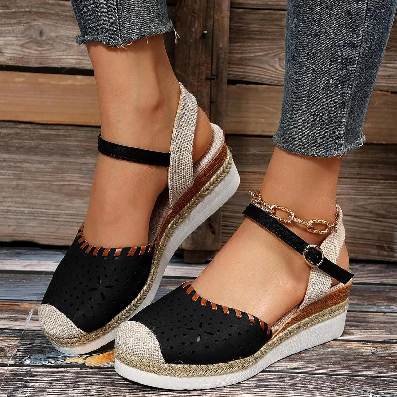 Womens Espadrille Wedge Sandals Close Toe Platform Ankle Strap Slingback Summer Dress Shoes Close Toe Dressy Comfortable