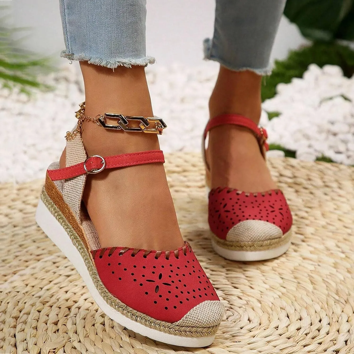 Womens Espadrille Wedge Sandals Close Toe Platform Ankle Strap Slingback Summer Dress Shoes Close Toe Dressy Comfortable