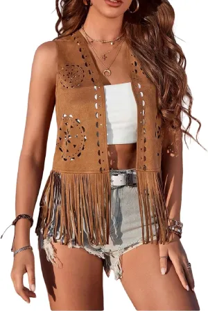 Women's Fringe Top Cowgirl Vest 60s 70s Suede Western Cowboy Jacket Hippie Outwear for Country Concert Outfit