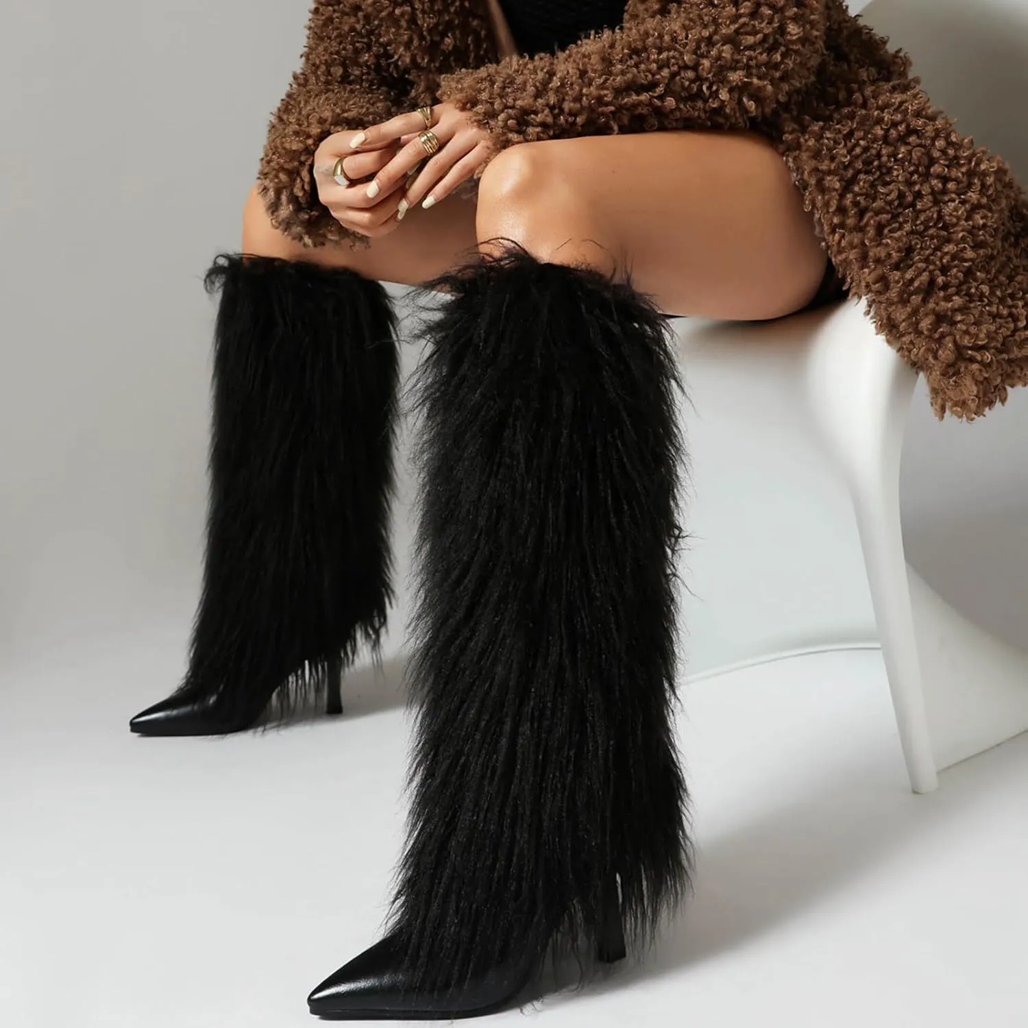 Women's Fur Knee High Boots Female Stiletto Heel Furry Side Zipper Pointed Toe Black Clubwear Party Evening Tall Boots