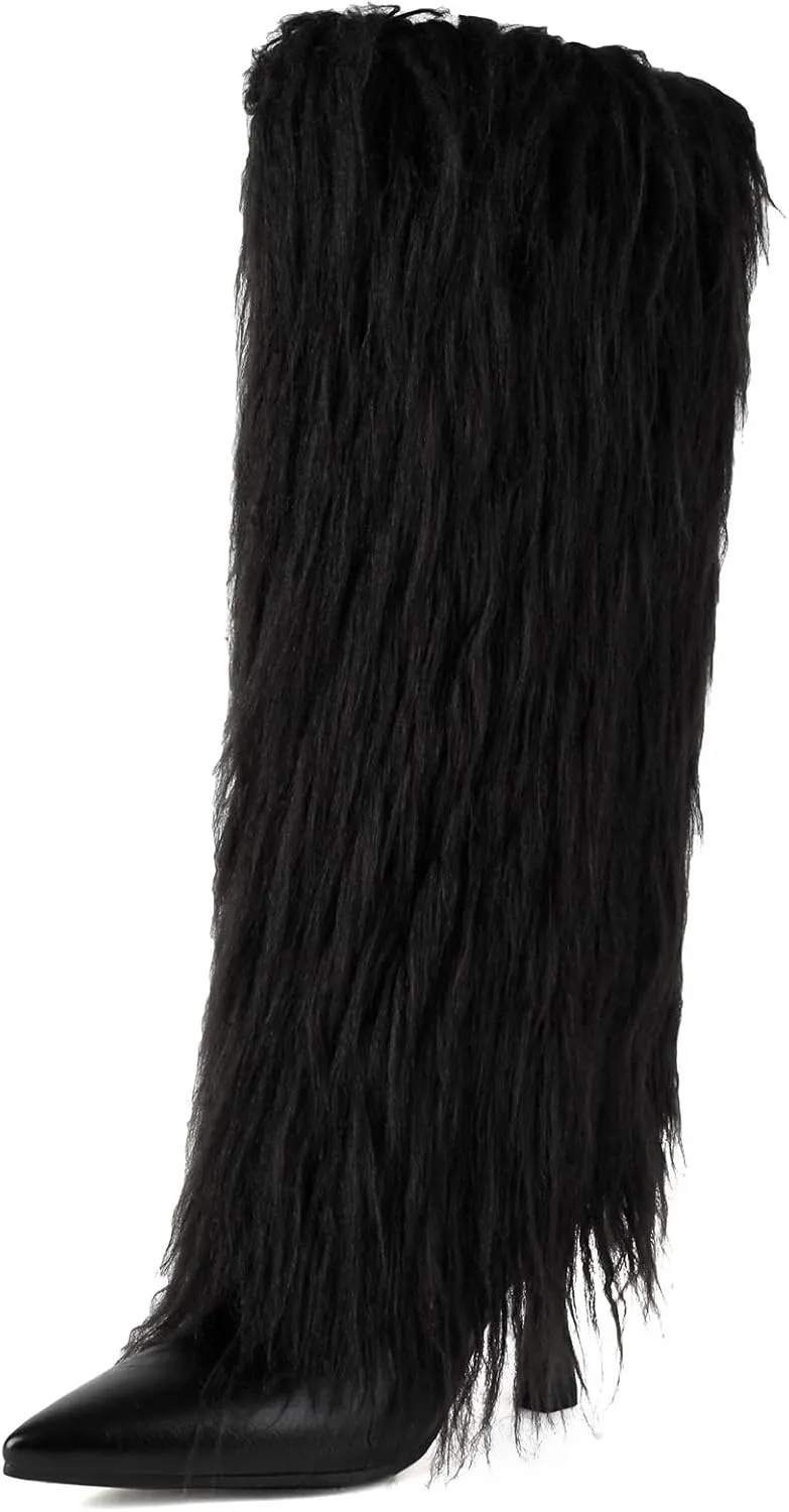 Women's Fur Knee High Boots Female Stiletto Heel Furry Side Zipper Pointed Toe Black Clubwear Party Evening Tall Boots