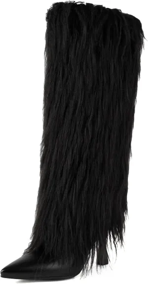 Women's Fur Knee High Boots Female Stiletto Heel Furry Side Zipper Pointed Toe Black Clubwear Party Evening Tall Boots