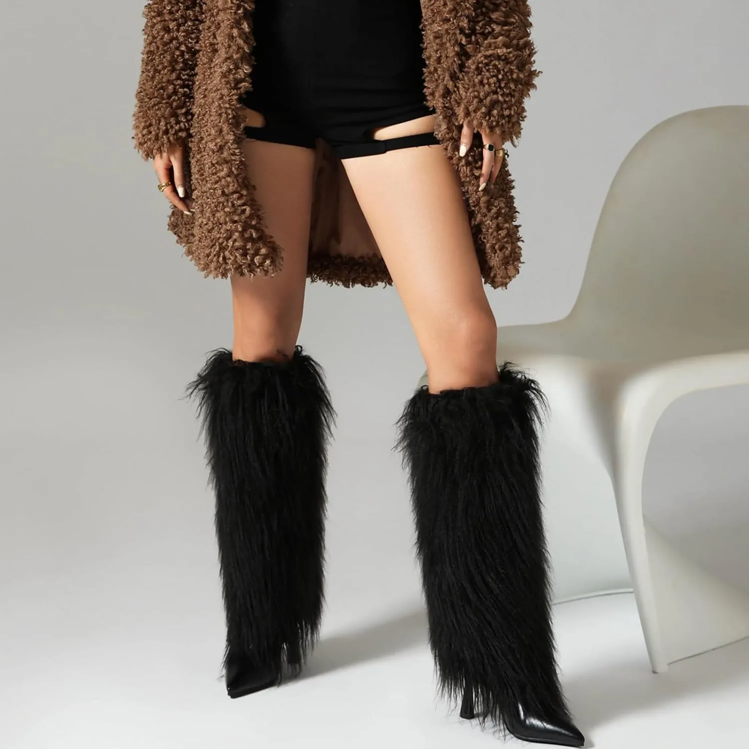 Women's Fur Knee High Boots Female Stiletto Heel Furry Side Zipper Pointed Toe Black Clubwear Party Evening Tall Boots
