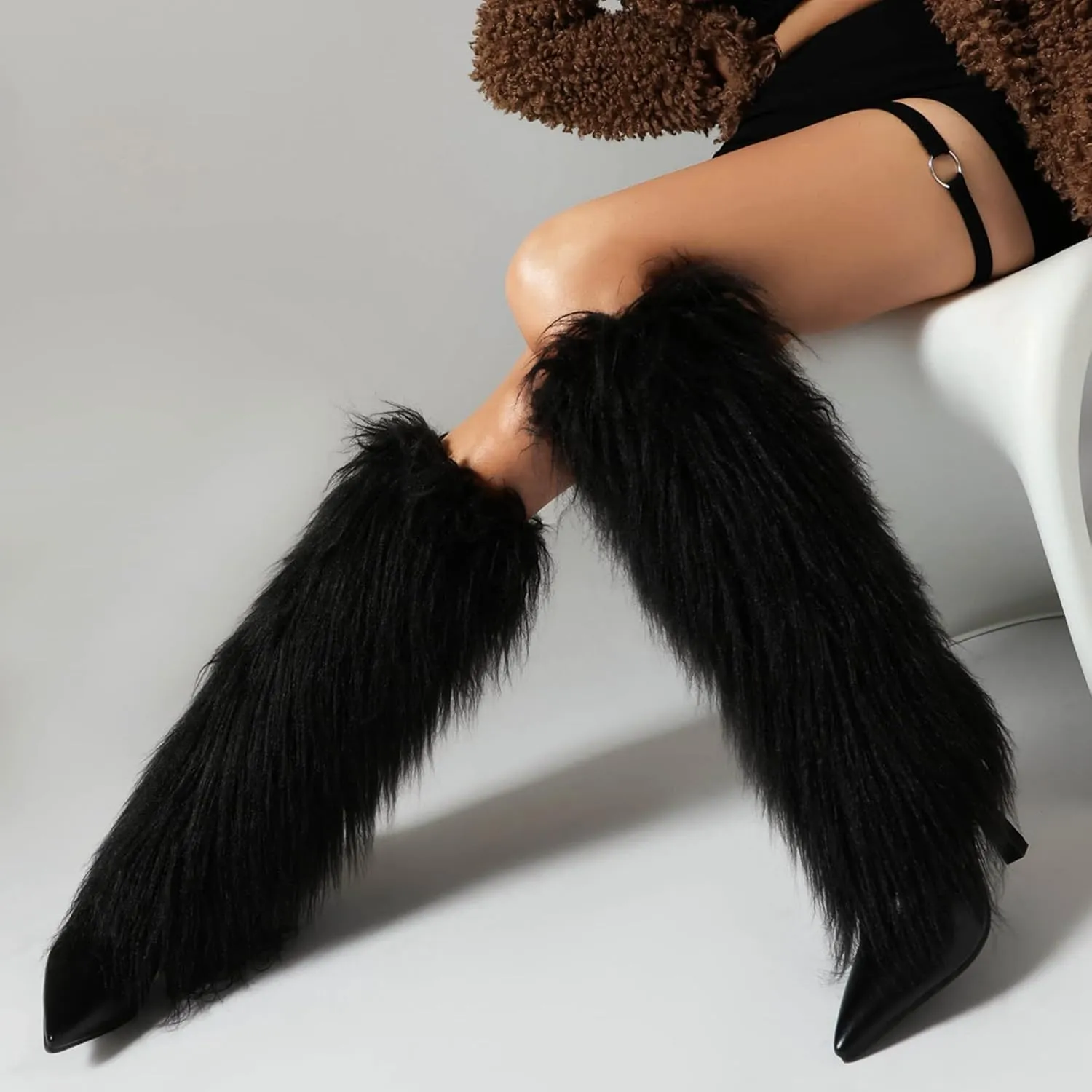 Women's Fur Knee High Boots Female Stiletto Heel Furry Side Zipper Pointed Toe Black Clubwear Party Evening Tall Boots
