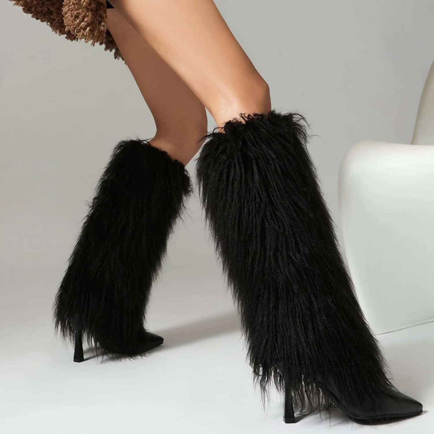 Women's Fur Knee High Boots Female Stiletto Heel Furry Side Zipper Pointed Toe Black Clubwear Party Evening Tall Boots