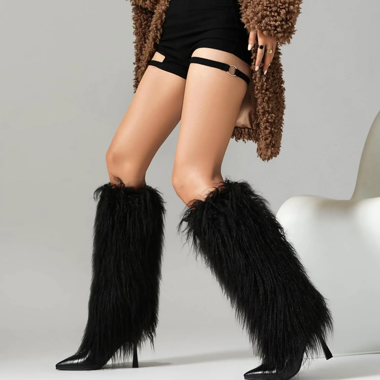 Women's Fur Knee High Boots Female Stiletto Heel Furry Side Zipper Pointed Toe Black Clubwear Party Evening Tall Boots