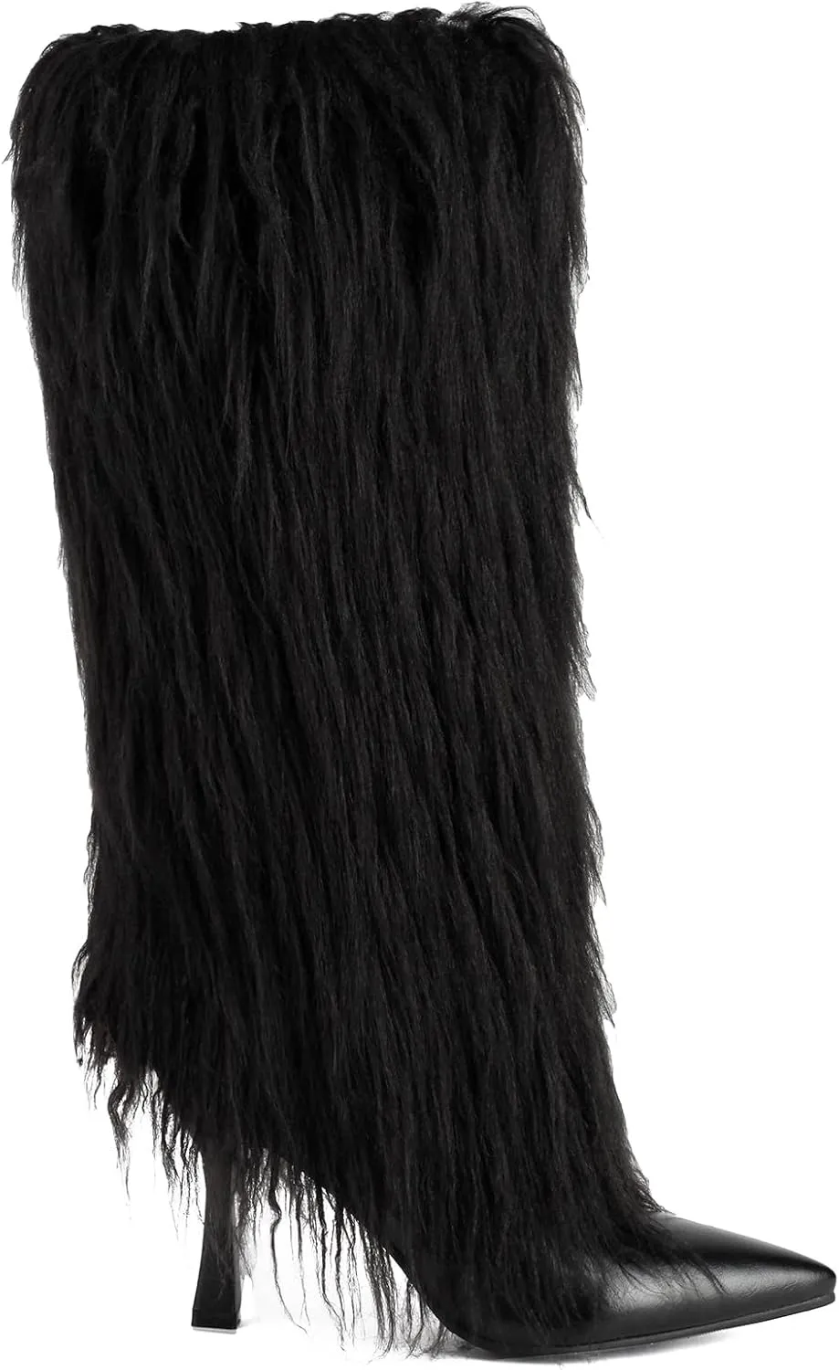 Women's Fur Knee High Boots Female Stiletto Heel Furry Side Zipper Pointed Toe Black Clubwear Party Evening Tall Boots