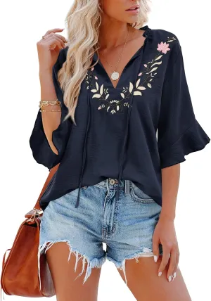 Womens Half Sleeve Floral Embroidered Blouse V Neck Ruffle Cotton Boho Summer Business Tops Peasant Blouse Casual Tunics