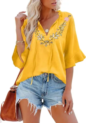 Womens Half Sleeve Floral Embroidered Blouse V Neck Ruffle Cotton Boho Summer Business Tops Peasant Blouse Casual Tunics