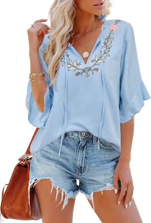 Womens Half Sleeve Floral Embroidered Blouse V Neck Ruffle Cotton Boho Summer Business Tops Peasant Blouse Casual Tunics
