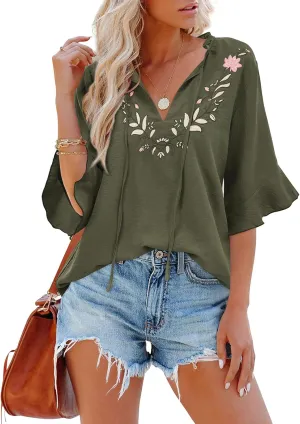 Womens Half Sleeve Floral Embroidered Blouse V Neck Ruffle Cotton Boho Summer Business Tops Peasant Blouse Casual Tunics