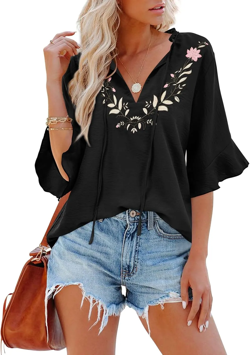 Womens Half Sleeve Floral Embroidered Blouse V Neck Ruffle Cotton Boho Summer Business Tops Peasant Blouse Casual Tunics