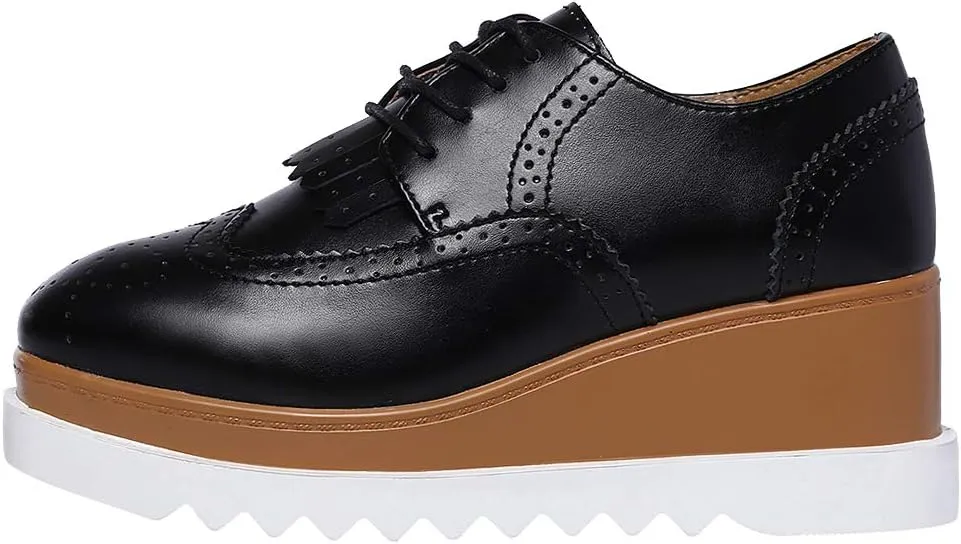 Women's High Platform Creepers Lace-up Brogue Tassel Wedge Heel Square Toe Trainers Shoes