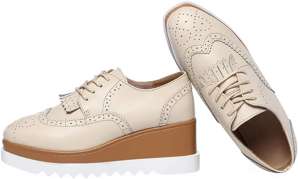 Women's High Platform Creepers Lace-up Brogue Tassel Wedge Heel Square Toe Trainers Shoes