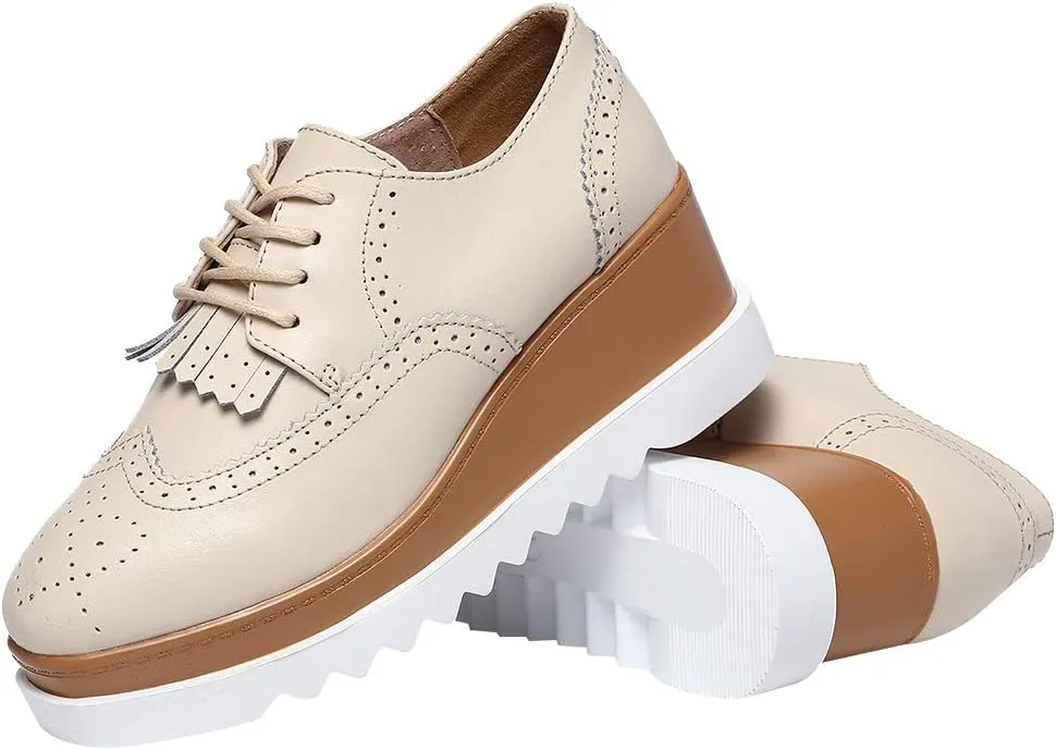 Women's High Platform Creepers Lace-up Brogue Tassel Wedge Heel Square Toe Trainers Shoes