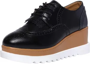 Women's High Platform Creepers Lace-up Brogue Tassel Wedge Heel Square Toe Trainers Shoes