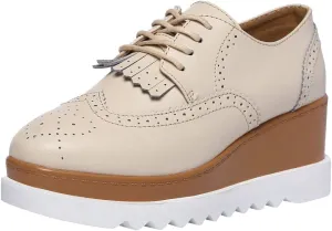 Women's High Platform Creepers Lace-up Brogue Tassel Wedge Heel Square Toe Trainers Shoes