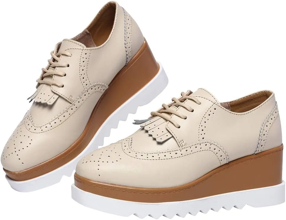 Women's High Platform Creepers Lace-up Brogue Tassel Wedge Heel Square Toe Trainers Shoes