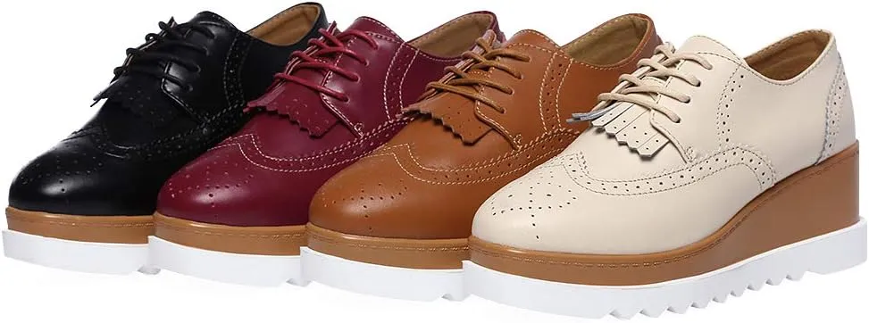 Women's High Platform Creepers Lace-up Brogue Tassel Wedge Heel Square Toe Trainers Shoes