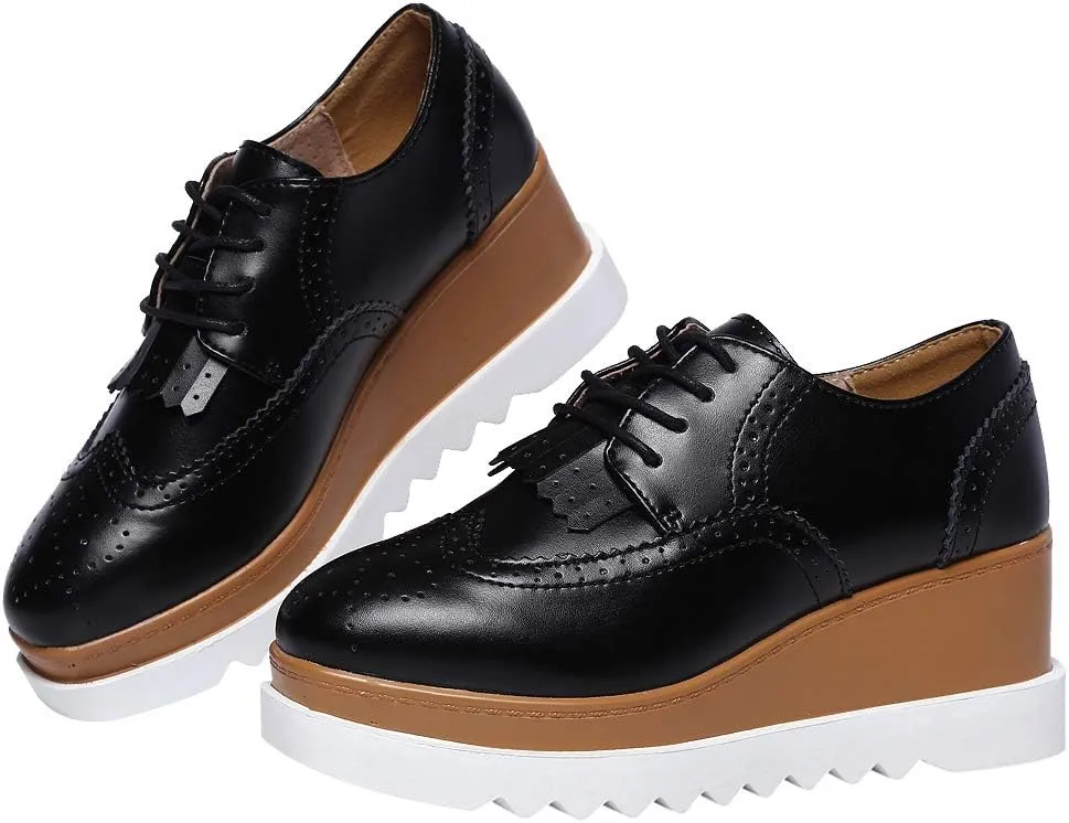 Women's High Platform Creepers Lace-up Brogue Tassel Wedge Heel Square Toe Trainers Shoes