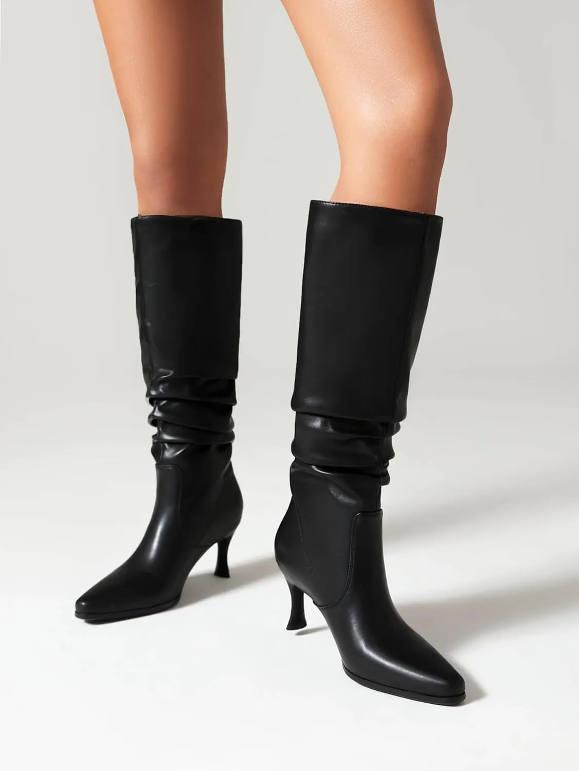 Women's Knee High Boots Kitten Heel Pull on Slouch Tall Boots