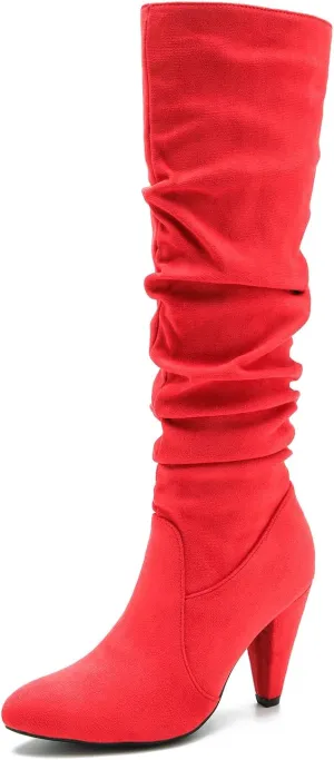 Women's Knee High Boots Pointed Toe Sexy Kitten Cone Heel Slouchy Boots Side Zipper Pleated Leather Tall Boots