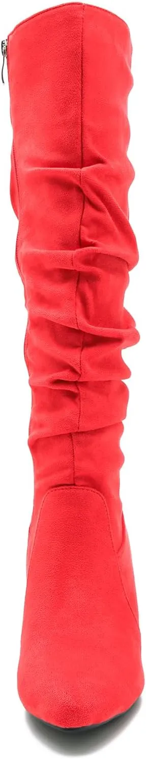 Women's Knee High Boots Pointed Toe Sexy Kitten Cone Heel Slouchy Boots Side Zipper Pleated Leather Tall Boots
