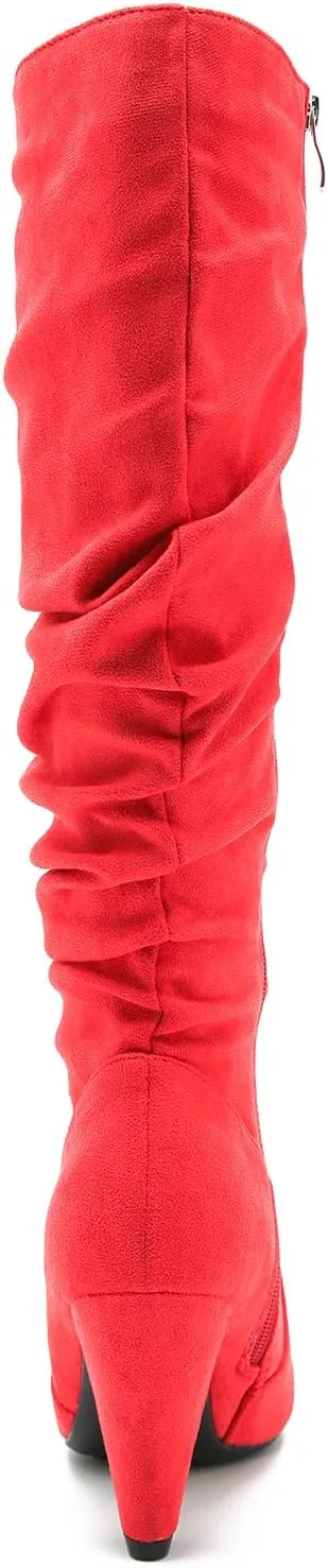 Women's Knee High Boots Pointed Toe Sexy Kitten Cone Heel Slouchy Boots Side Zipper Pleated Leather Tall Boots