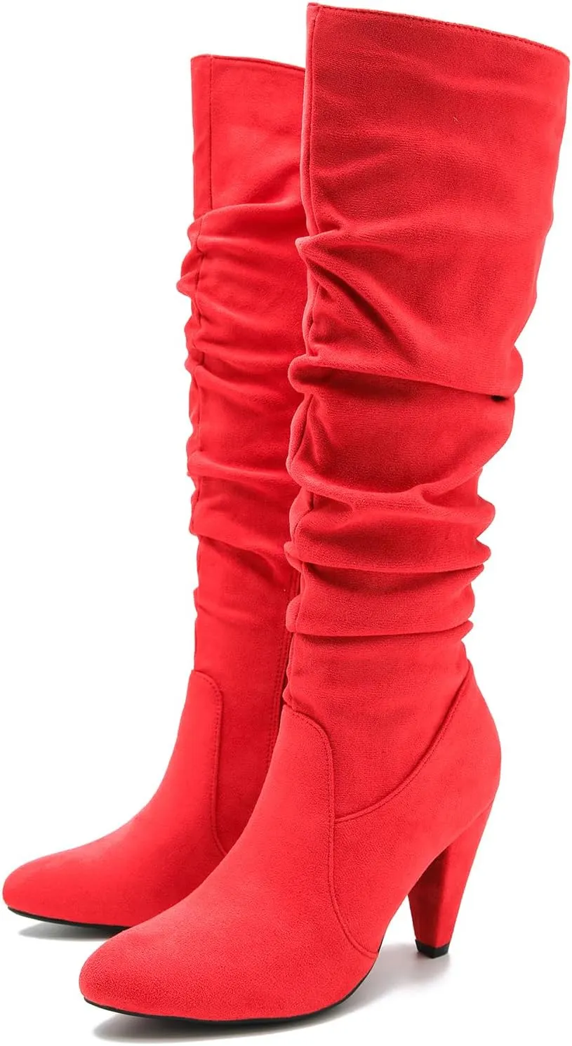 Women's Knee High Boots Pointed Toe Sexy Kitten Cone Heel Slouchy Boots Side Zipper Pleated Leather Tall Boots