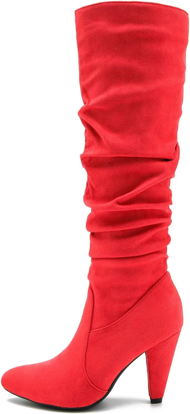 Women's Knee High Boots Pointed Toe Sexy Kitten Cone Heel Slouchy Boots Side Zipper Pleated Leather Tall Boots