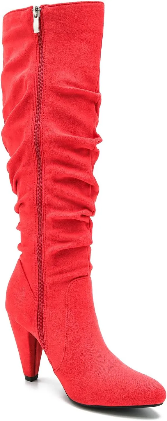 Women's Knee High Boots Pointed Toe Sexy Kitten Cone Heel Slouchy Boots Side Zipper Pleated Leather Tall Boots