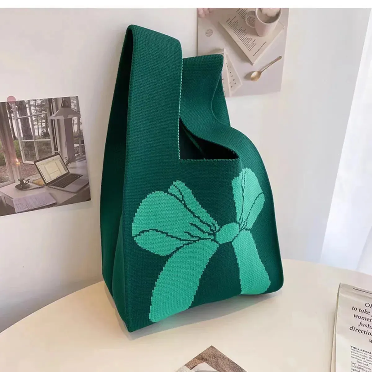 Womens Knot Wrist Bag Handmade Knitted Bag Portable Mini Striped Tote Bucket Phone Bags Large Capacity Autumn Winter Handbags