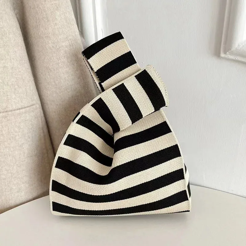 Womens Knot Wrist Bag Handmade Knitted Bag Portable Mini Striped Tote Bucket Phone Bags Large Capacity Autumn Winter Handbags