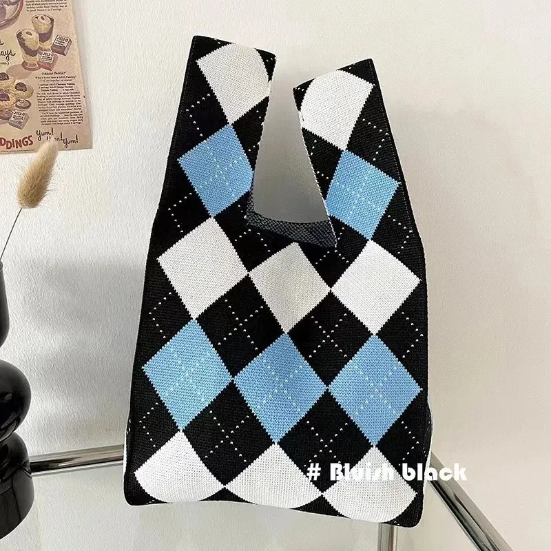 Womens Knot Wrist Bag Handmade Knitted Bag Portable Mini Striped Tote Bucket Phone Bags Large Capacity Autumn Winter Handbags