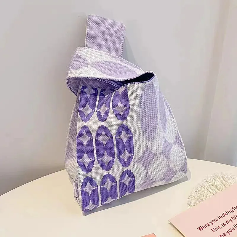 Womens Knot Wrist Bag Handmade Knitted Bag Portable Mini Striped Tote Bucket Phone Bags Large Capacity Autumn Winter Handbags