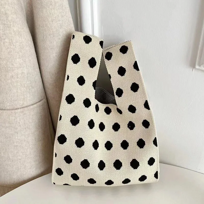 Womens Knot Wrist Bag Handmade Knitted Bag Portable Mini Striped Tote Bucket Phone Bags Large Capacity Autumn Winter Handbags