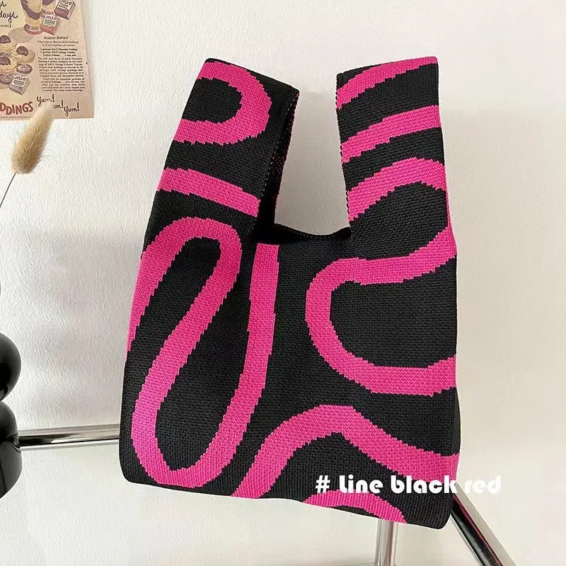 Womens Knot Wrist Bag Handmade Knitted Bag Portable Mini Striped Tote Bucket Phone Bags Large Capacity Autumn Winter Handbags