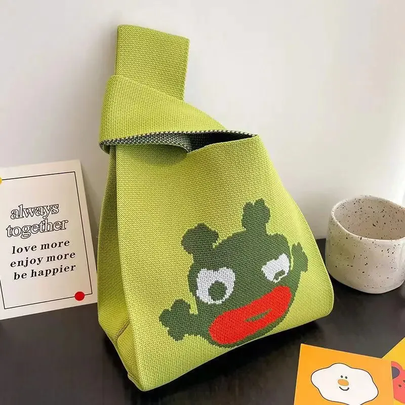 Womens Knot Wrist Bag Handmade Knitted Bag Portable Mini Striped Tote Bucket Phone Bags Large Capacity Autumn Winter Handbags