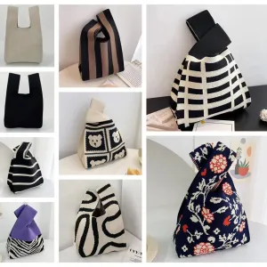 Womens Knot Wrist Bag Handmade Knitted Bag Portable Mini Striped Tote Bucket Phone Bags Large Capacity Autumn Winter Handbags