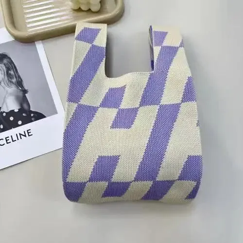 Womens Knot Wrist Bag Handmade Knitted Bag Portable Mini Striped Tote Bucket Phone Bags Large Capacity Autumn Winter Handbags