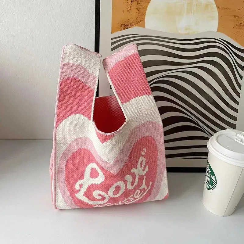 Womens Knot Wrist Bag Handmade Knitted Bag Portable Mini Striped Tote Bucket Phone Bags Large Capacity Autumn Winter Handbags