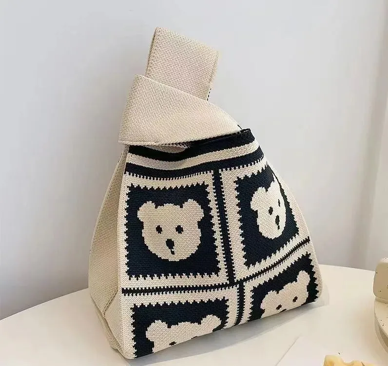 Womens Knot Wrist Bag Handmade Knitted Bag Portable Mini Striped Tote Bucket Phone Bags Large Capacity Autumn Winter Handbags