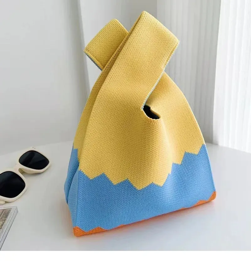 Womens Knot Wrist Bag Handmade Knitted Bag Portable Mini Striped Tote Bucket Phone Bags Large Capacity Autumn Winter Handbags